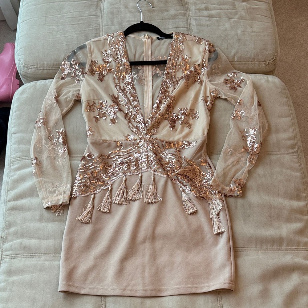 Nasty Gal Sequin Tassel Mini Dress in Cream and Gold Size 6